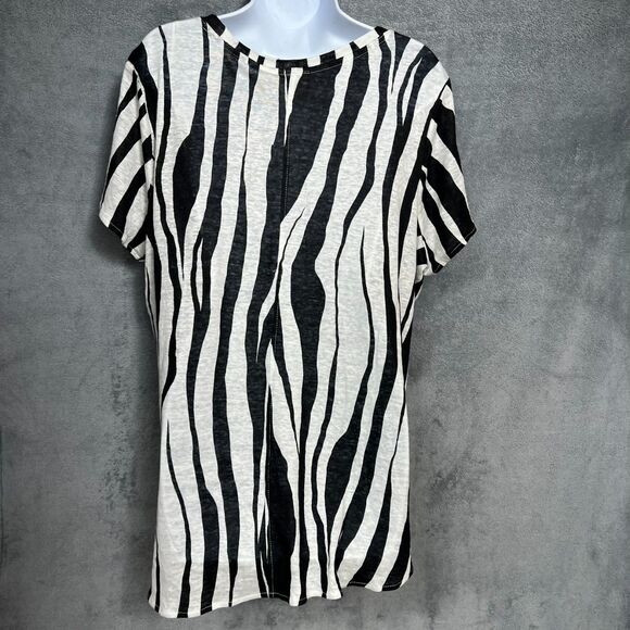 Rachel Zoe Women’s Linen Zebra Stripe Short Sleeve Top Black/White 1X - Picture 8 of 16